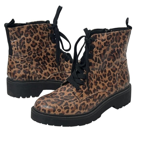 Report Leopard Combat Boots Women’s 6.5 Lace Up Ankle Booties - Picture 1 of 13